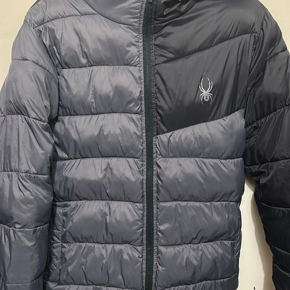 Spider puffer jacket , black and grey size small